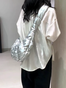 Women Fashion PU Leather Quilted Shoulder Bag Handbag Large Capacity Solid Color Pleated Puffer Crossbody Bag Purse