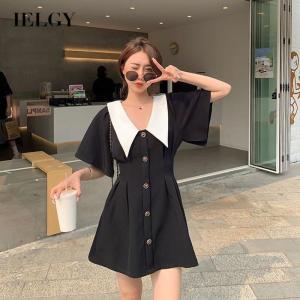 IELGY womens black dress hepburn style big v-neck thin retro versatile