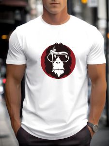 2025 Summer Mens Cotton T Shirt Orangutan Trendy Print Round Neck T-Shirt Casual Breathable Street Style Daily Top