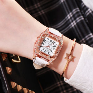 Trái Cây Sao⭐Đồng hồ nữ pha lê vuông thanh lịch với chữ số La Mã vỏ vàng hồng và dây đeo PU thiết kế thạch anh