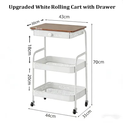 Metal Trolley Cart Rolling Movable Cart with Drawer Larger Desktop Multi Use Storage Rack Organizer Trolley for Kitchen Bathroom Bedroom Office