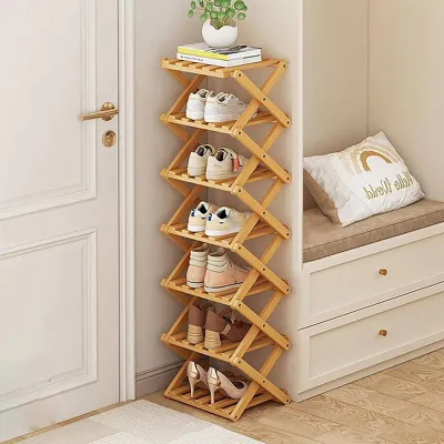 4-Tier Foldable Wooden Shoe Rack No Assembly Natural Color