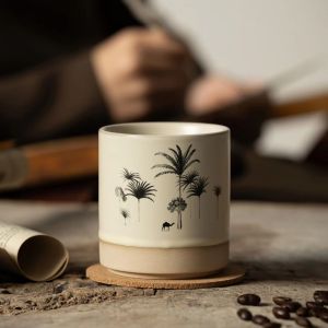 RGFV STORE Tối giản Cốc sứ Retro Vẽ bằng tay Cốc cà phê gốm sứ Dung lượng lớn Nghệ thuật cảnh quan sa mạc Cốc gốm thô Đồ trang trí bàn làm việc