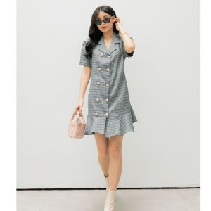 Helloshop- Dress Rami Tweed Kotak Dress Fashion Cewek Dress Korea Kekinian