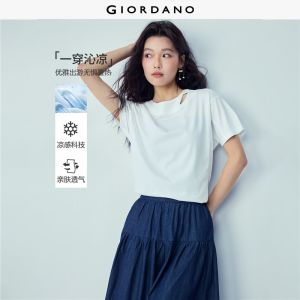 GIORDANO Women T-Shirts Cooling Cut Out Crewneck Tee Short Sleeve Loose Fit Fashionable Casual T-Shirts 05326421