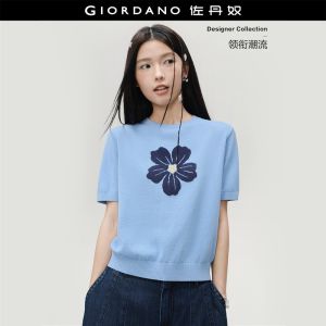 GIORDANO Women Sweaters 100% Cotton Flower Jacquard Knitwear Crewneck Short Sleeve Fashionable Casual Loose Sweaters 18356707