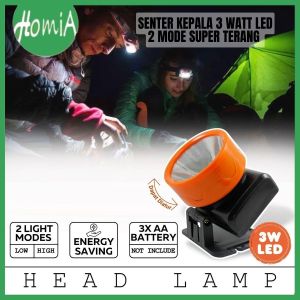 Senter Kepala 2 Mode 3 W LED Menggunakan Baterai AA Head Light 3 Watt 180° Adjustable Lampu Penerang
