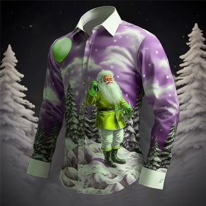 ZEEMIN 2025 3D Printed Casual Fashion Mens Santa Claus Holiday Shirt New Year Hot Christmas Long Sleeve Shirt Party Mens Party Shirt