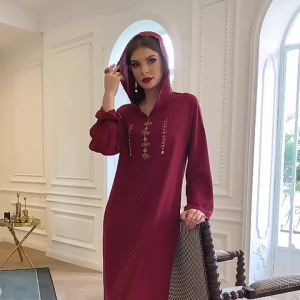 BA303 Dark Red   Moroccan Style   Middle East Hand-Stitched Glass Charms Gemstones Sequins Robe  abaya  Muslim womens wear
