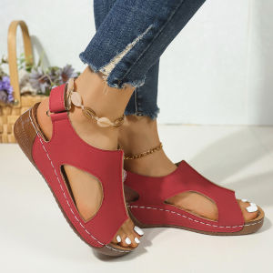 Free Shipping Summer New Plus-Size Sandals For Women Featuring Stitched Detailing Breathable Fabric Velcro Straps And A Hollowed-Out Design With A Wedge Heel