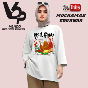 VANDO Kaos Lengan Panjang Kaos Makanan Pecel Ayam Baju Distro Tangan Panjang T-shirt Longsleeve Atasan Pria Bahan Cotton Combed 30s - Putih