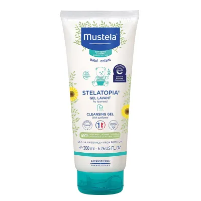 Mustela Stelatopia Cleansing Gel - Baby Face & Body Wash for Eczema-Prone Skin - with Natural Avocado & Sunflower Oil - Fragrance-Free & Tear Free