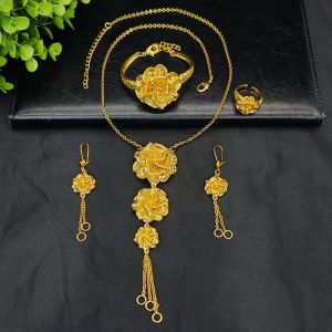 Three Golden Flowers Dubai 24K Gold jewelry set for bride: necklace bracelet earrings and ring (four-piece set)