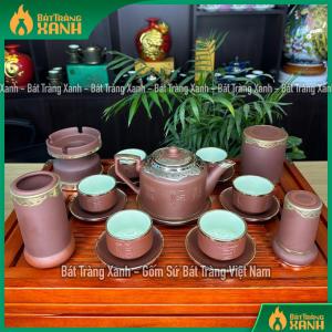 Bộ Ấm Trà Tích Phúc Lộc Thọ Chỉ Đỏ Bọc Đồng Bạch - Bộ Ấm Chén Tử Sa Bát Tràng Ráp Đồng