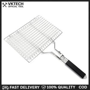 Outdoor Camping BBQ Rack Stainless Steel Grilling Basket with Detachable Handle Vegetable Grill Basket 8.6*12.6 Inch for Fish Vegetables Steak Shrimp Chops