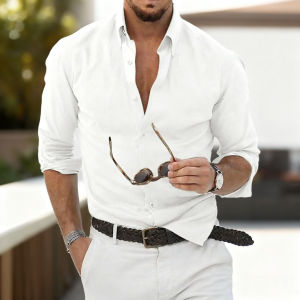 Mens Long-Sleeved Cotton Linen Summer Hot Sale Beach Style Shirts Solid Color Casual Versatile Stand-Up Collar Shirt Male Top