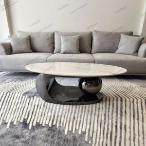 (Mới) Bàn trà sofa bàn phòng khách bàn cafe nội thất nhập khẩu mẫu bàn đá mặt Elip ceramic chân Inox cao cấp bi tròn