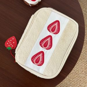 Cute Strawberry Embroidery Plush Storage Bag Makeup Bag for Students Girly Toiletry Bag Travel Portable Bag