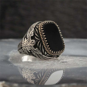 Retro Handmade Turkish Signet Ring Vintage Mens Ancient Metal Eagle Rings Inlaid Black Zircon Party Punk Motor Biker Jewelry h260529