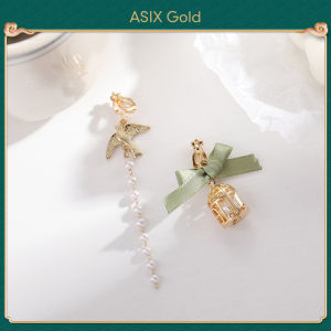 ASIX GOLD S925 silver needle asymmetrical green bow pearl birds nest earrings Korea fashion niche design vintage premium womens earrings Commuting to work date stud earrings Not allergenic Wonderful gift