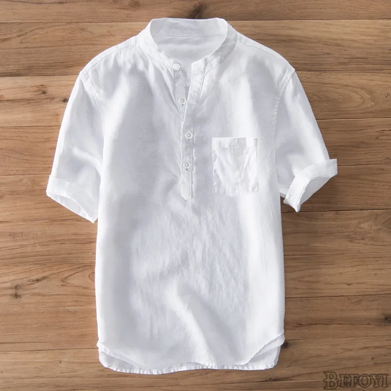 Linen Cotton Stand Collar Short Sleeve Shirt