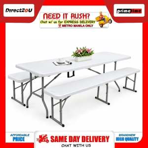 Primetime Rectangular 6ft Fold-in-Half Multi-Purpose Plastic Table with Metal Legs + 2 x Folding Plastic Benches