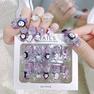 【With Glue】Ready Stock Female Mid-length Fake Nail Cute Penguin Artificial Nail for Women and Girl Party Activity