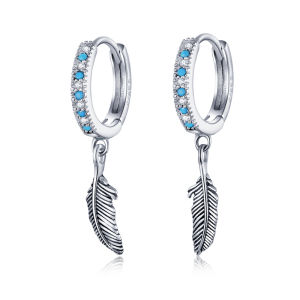 BAMOER 925 Sterling Silver Mysterious Tribe Feather Hoop Earrings For Women Fashion Jewelry SCE898