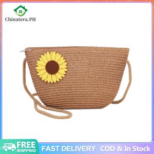 Women Fashion Straw Weave Flower Zipper Shoulder Crossbody Bag Beach Purse
