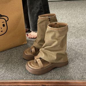 VCH Soft Leather Denim Short Boots Vintage Street Style Open Toe Boots New Design Y2K Cool Sandal Boots Girls