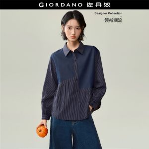 GIORDANO Women Shirts Faux Denim Striped Panel Shirts Gathered Panel Long Sleeve Fashionable Casual Loose Shirts 18346230