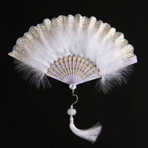 SHIRUI Elegant Vintage Hand Fan Multicolor Lace Wedding Party Bride Fan High Quality Chinese style Hanfu Accessories White Fur Folding Fan Hand Held Party Decoration