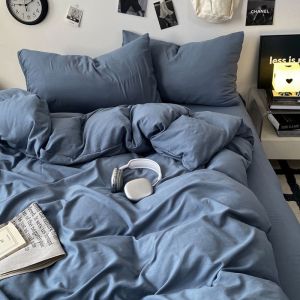 a Super Soft Solid Color Washed Cotton Bed Sheet Set Four-Piece Set with Double Layer Gauze Quilt Cover for Single Student Dormitory Three-Piece Set LZD