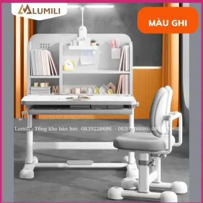 Bàn học chống gù chống cận thông minh có giá để sách mới cho học sinh nâng hạ bằng tay quay size lớn điều chỉnh nghiêng mặt bàn Lumili R22