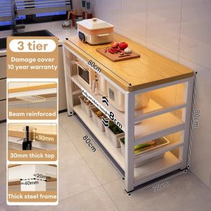 CompactSteel store Kitchen Workbench Rack 3 Layer Heavy Duty Storage Shelf with Wooden Top Microwave Oven Rice Cooker Stand