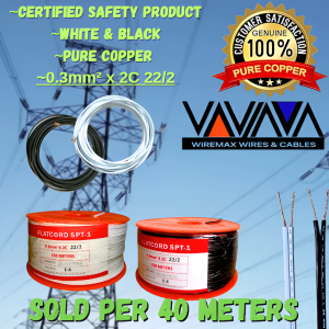 WIREMAX FLATCORD WIRE#22/2 (0.30mm) Sold per 40 Meters Extension Cord 99.9 % PURE COPPER