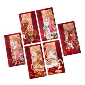 FREMRAG 6pcs Blessing Words Goat Year Money Envelope Chinese Style Calligraphy Lucky Red Pocket Creative Traditional New Year Red Packet Chinese New Year