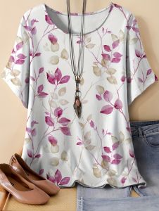 [Local Stock] ZEEMIN Vintage Loose T-Shirt Woman O-Neck Floral Leaves 3D Printed Fashion Tee Shirt Short Sleeves Top Elegant Outdoor Female Clothing