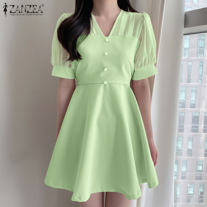 【clearance Sale】zanzea Korean Style Womens Elegant Puff Sleeve Plain Mini Dress Collect Waist A 1434