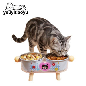AP AIMAYAPET Stainless Steel Elevated Pet Double Bowl Anti-slip Anti-tip Neck Protection High Foot Cat Feeder Mangkuk