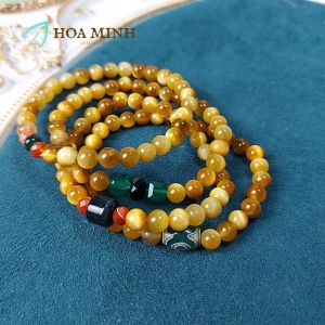 Vòng tay Bộ 4 vòng tay đá Mắt hổ vàng tâm tự nhiên VIP 6.3 li chất 6A phối viên Dzi lu mắt hổ thạch anh xanh vuông bánh xe mã não cắt giác | Hoa Minh Gem