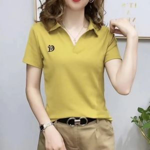 Womens Polo Shirt Casual Fashion V-neck T-shirt Loose Elastic Short Sleeve Top