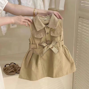 Gấu Lãnh Đạo Phong Cách Hàn Quốc Dresses đối với bé gái của mùa hè không tay Đầm kaki với dây thắt lưng trẻ em quần áo thời trang 2-7 năm