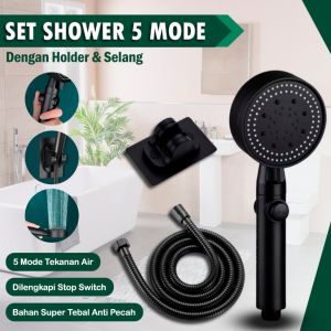 JULO - Shower Hitam 5 Mode Set Selang Holder – Shower Genggam Kamar Mandi Shower 5 Mode Paket Komplit Premium Pancuran Portable