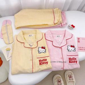 2Pcs Cartoon Hello Kitty Womens Pajamas Set New Loungewear Lapel Long Sleeve Cotton Casual Silk Pajamas Womens Sanrio Pajamas