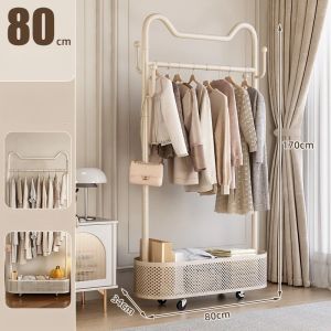 FFBH Floor Coat Racks Mobile Clothes Hanger with Wheels Multifunctional Mental Clothing Rack with Basket Entrance Hall Coat Rack M1Y4T