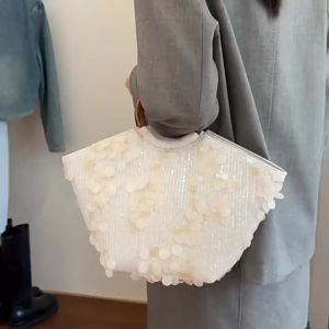 Hand-beaded three-dimensional floral bamboo-handle tote bag Elegant Embroidered Sequin Womens Bag for Beach Vacation #7452