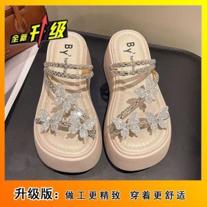 [Free Shipping] Versatile And Fashionable Sandals With Rhinestone Embellishments Perfect For Wearing Outdoors Featuring A Thick Sole Round Toe And A Casual Easy-To-Wear Design For Summer