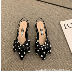Free Shipping Summer New Style Pointed-Toe Bow-Knot Closed-Toe Sandals For Women Chunky Heel Shoes Elegant To Match Dresses Backless Single Shoes