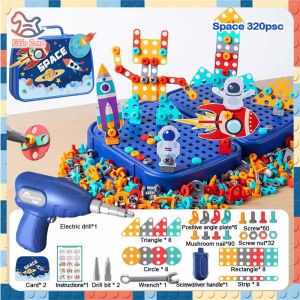 230pcs Kids Electric Drill Toy Set 2D/3D DIY Screw Puzzle Builds Fine Motor Skills Educational Toys